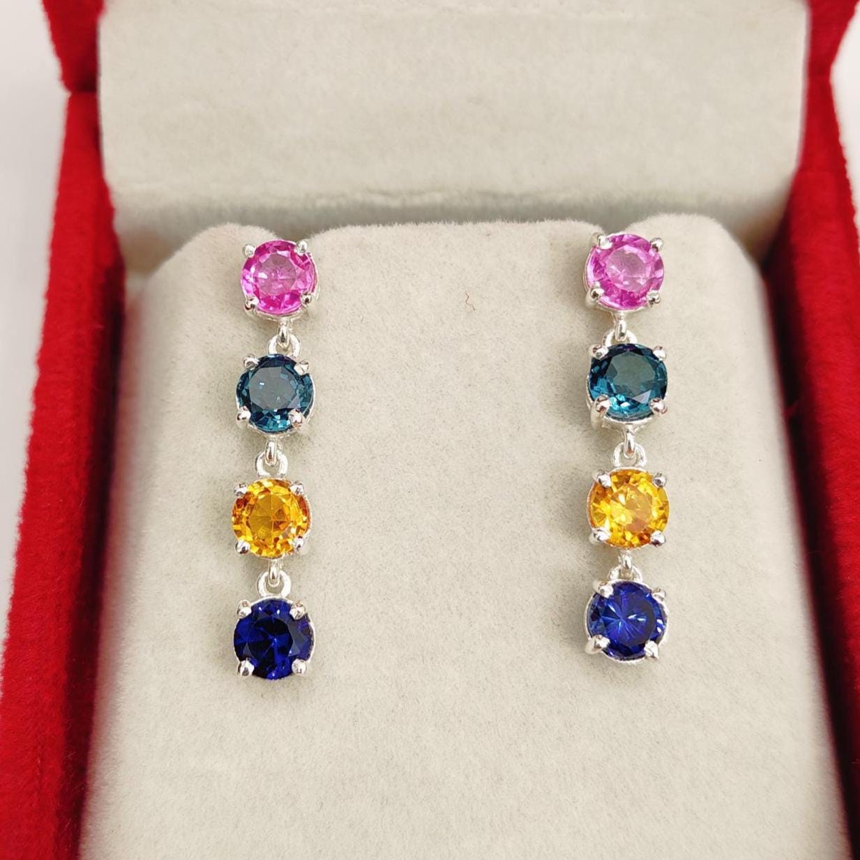 Multi Sapphire Earrings, 925 Sterling Silver Earrings, Teal Sapphire Ear5rings, Pink Sapphire Yellow Sapphire Blue Sapphire Drop Earrings