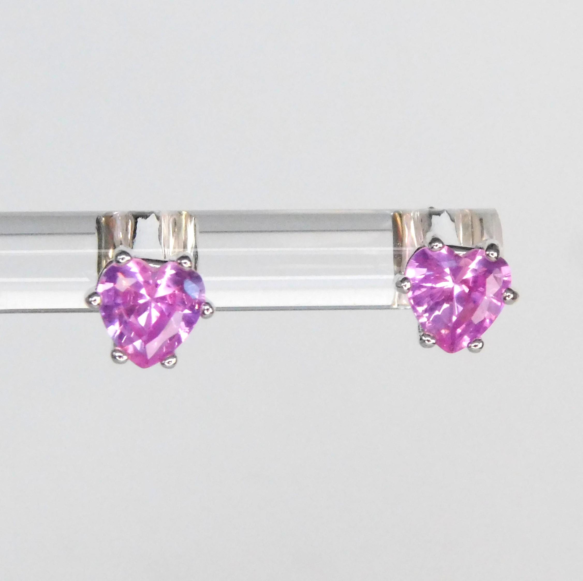 New Pink Sapphire 6mm Heart Stud Earrings: Sterling Silver, September Birthstone