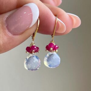 Opalite and Pink Sapphire Earrings, White and Fuchsia Petite Dangle Earrings Gold or Silver, October Birthstone, Minimalist Jewelry Mom Gift Opalite and Pink Sapphire Earrings, White and Fuchsia Petite Dangle Earrings Gold or Silver, October Birthstone, Minimalist Jewelry Mom Gift
