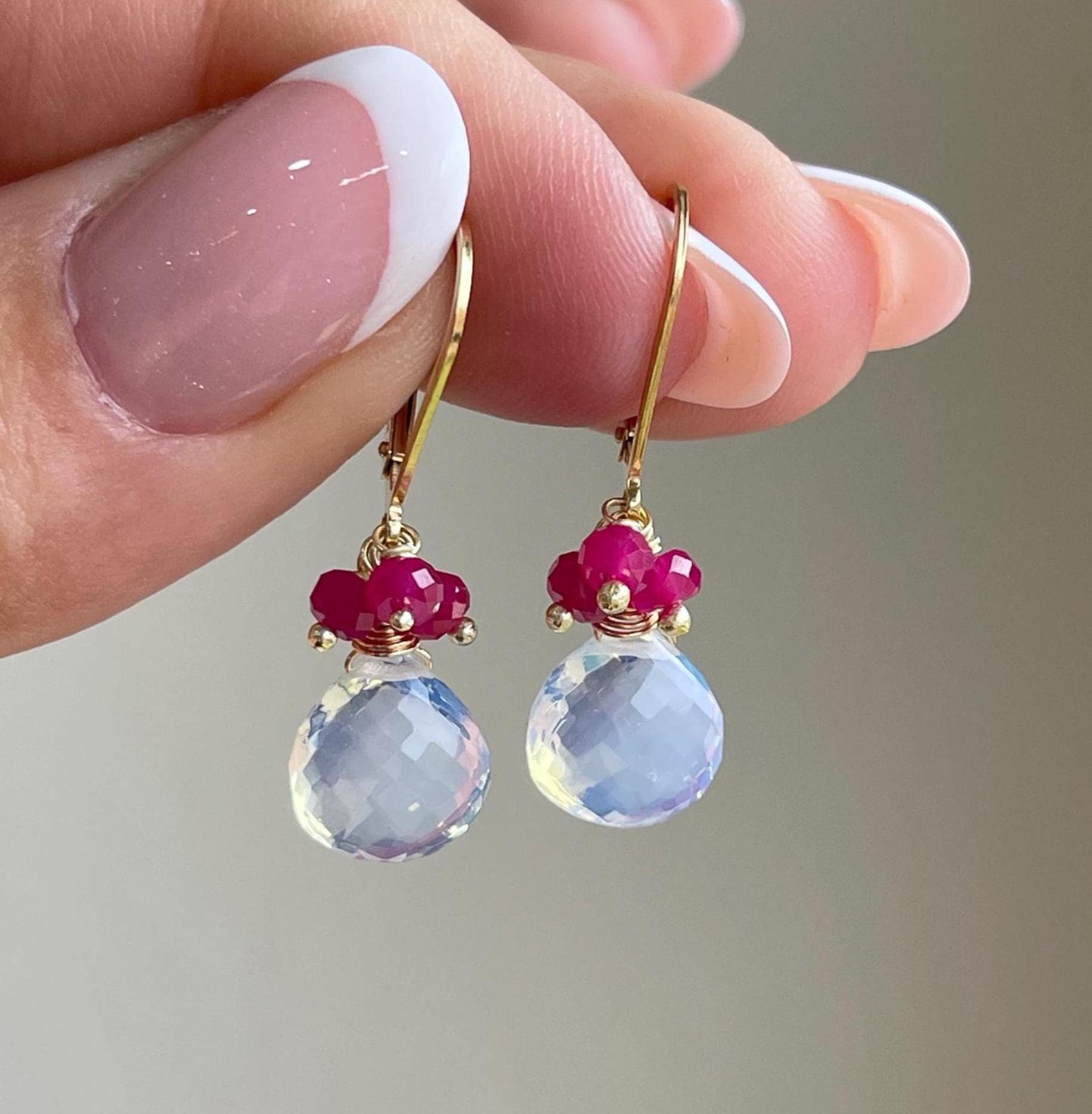 Opalite And Pink Sapphire Earrings, White And Fuchsia Petite Dangle Earrings Gold Or Silver, October Birthstone, Minimalist Jewelry Mom Gift