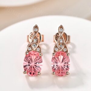 Oval Fireworks Cut Padparadscha Stud Earrings 14K Rose Gold Celtic Trinity Knot Moissanite Earrings Pink Sapphire Pierced Jewelry for Women Oval Fireworks Cut Padparadscha Stud Earrings 14K Rose Gold Celtic Trinity Knot Moissanite Earrings Pink Sapphire Pierced Jewelry for Women