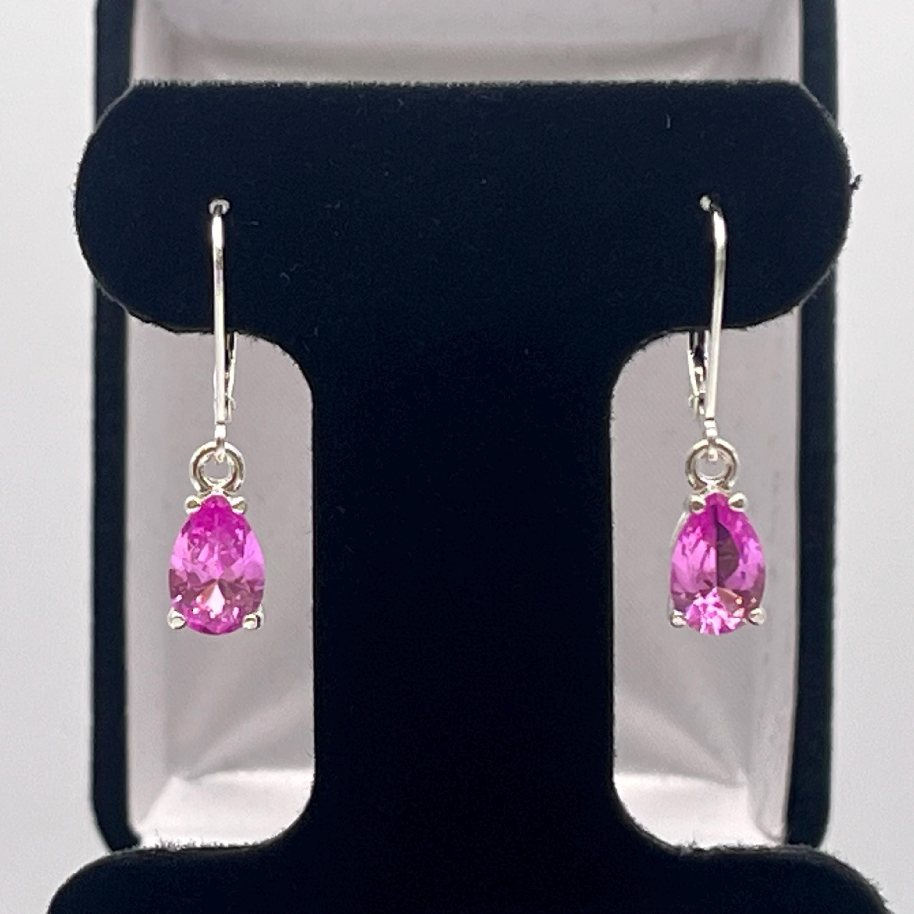 Pear Cut Pink Sapphire Sterling Silver Leverback Earrings