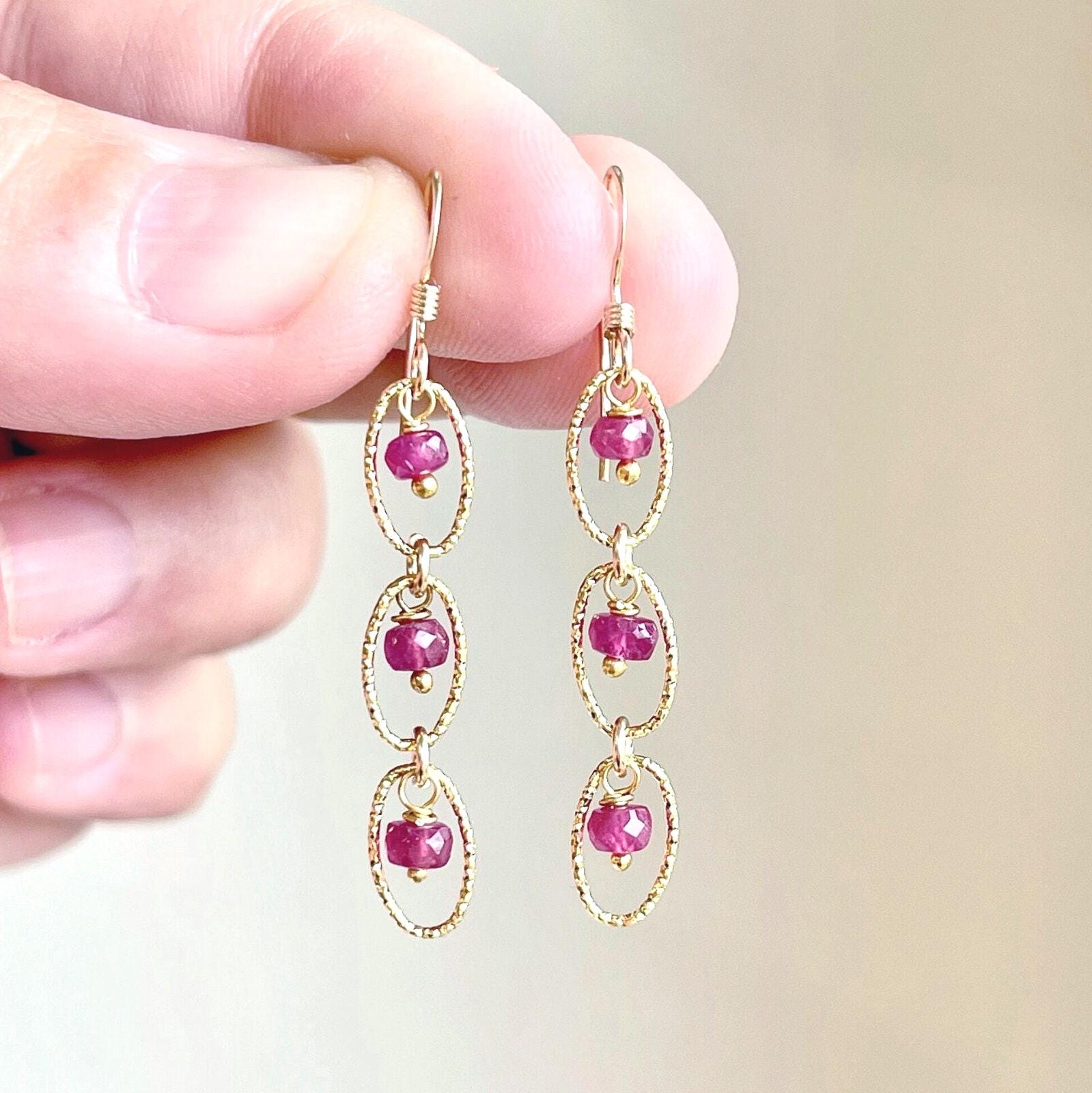 Pink Sapphire Earrings, September Birthstone, Dainty Hot Fuchsia Dangle Earrings Gold Or Silver, Sapphire Minimalist Jewelry, Pink Boho Gift