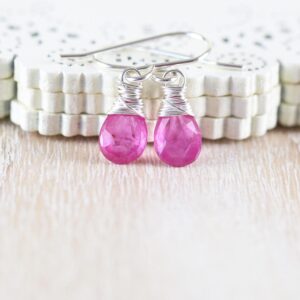 Pink Sapphire & Sterling Silver Drop Earrings, Wire Wrapped Precious Gemstone Small Dangle Earrings, Dainty And Delicate Jewelry For Women Pink Sapphire & Sterling Silver Drop Earrings, Wire Wrapped Precious Gemstone Small Dangle Earrings, Dainty And Delicate Jewelry For Women