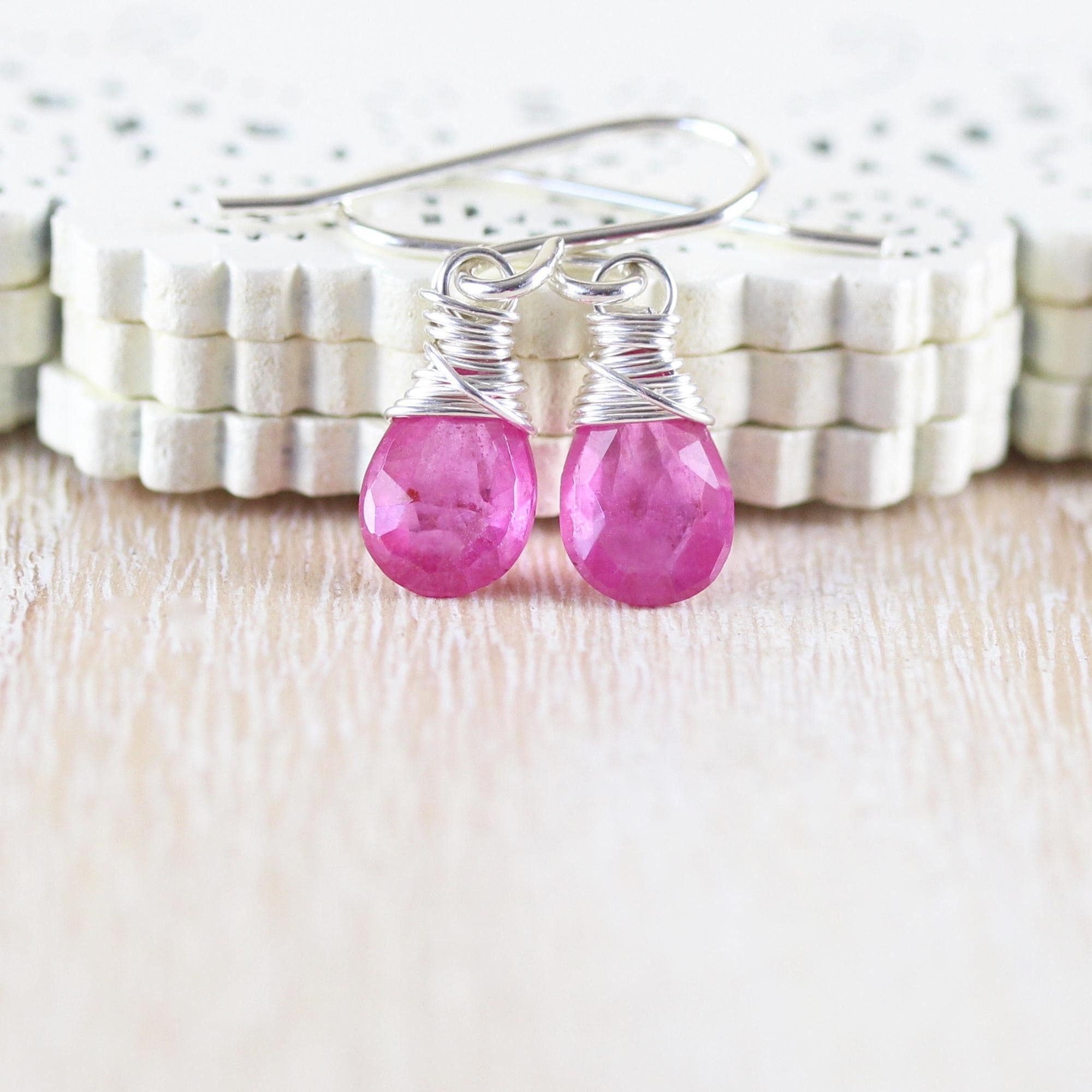 Pink Sapphire & Sterling Silver Drop Earrings, Wire Wrapped Precious Gemstone Small Dangle Earrings, Dainty And Delicate Jewelry For Women Pink Sapphire & Sterling Silver Drop Earrings, Wire Wrapped Precious Gemstone Small Dangle Earrings, Dainty And Delicate Jewelry For Women