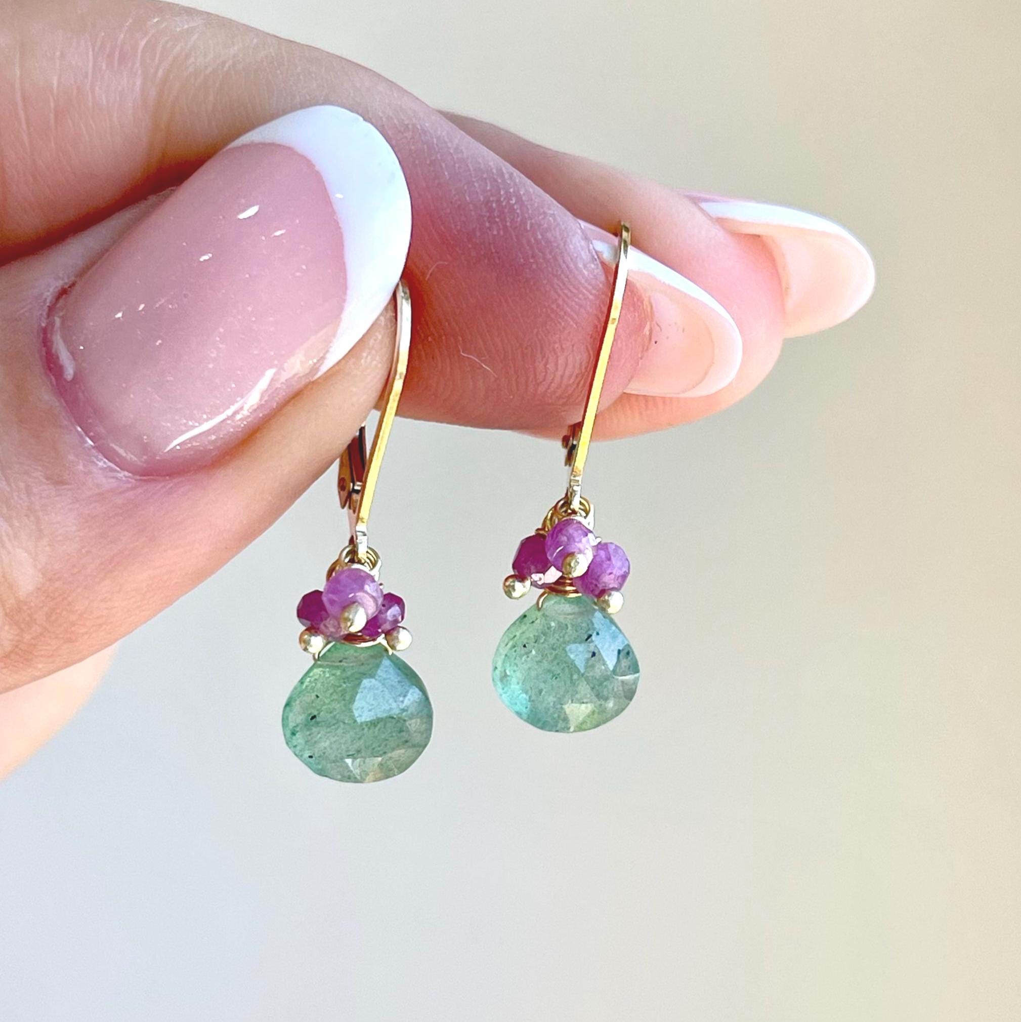 Strawberry Quartz And Pink Sapphire Earrings, Green And Pink Minimalist Teardrop Earrings Gold Or Silver, Bright Small Summer Drops Mom Gift Strawberry Quartz And Pink Sapphire Earrings, Green And Pink Minimalist Teardrop Earrings Gold Or Silver, Bright Small Summer Drops Mom Gift
