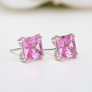 Pink Sapphire Stud Earrings Silver 6mm Square, Lab Grown Pink Sapphire Stud Earrings Silver 6mm Square, Lab Grown