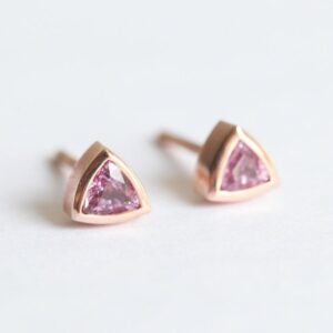 Trillion Earrings Rose Gold, Pink Sapphire Earring Studs, Simple Everyday Earrings With Sapphires