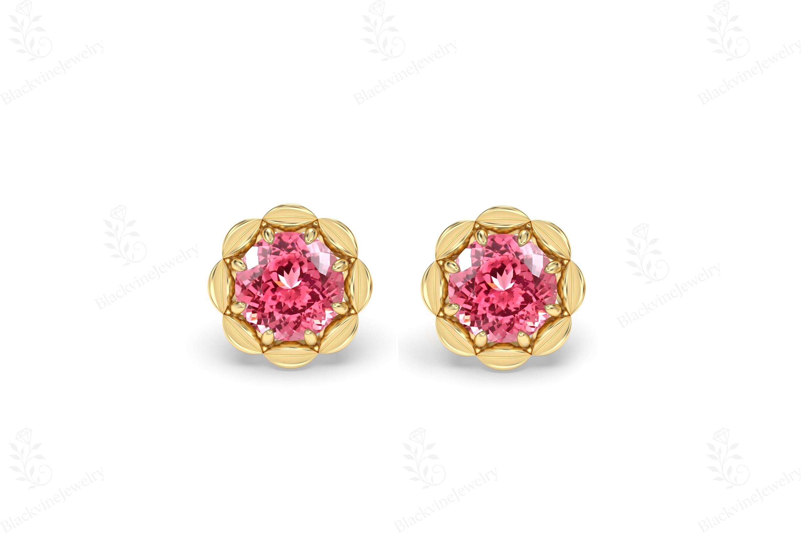 Unique Padparadscha Pink Sapphire Stud Earrings Art Deco Flower Design Wedding Studs 925 Silver Padparadscha Statement Dainty Studs For Her Unique Padparadscha Pink Sapphire Stud Earrings Art Deco Flower Design Wedding Studs 925 Silver Padparadscha Statement Dainty Studs For Her