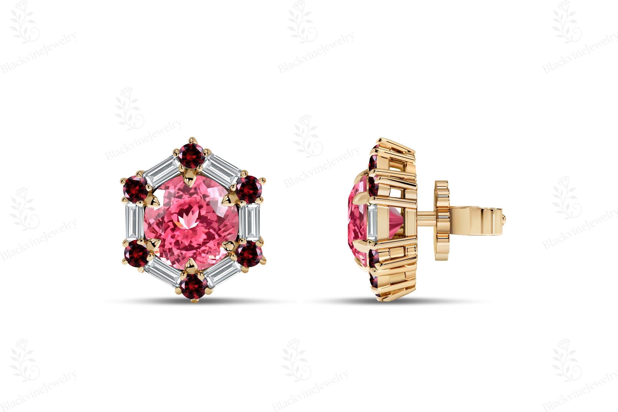Unique Padparadscha Studs For Women 925 Silver Pink Sapphire Gemstone Studs Art Deco Halo Design Stud Earrings Antique Dainty Studs For Her