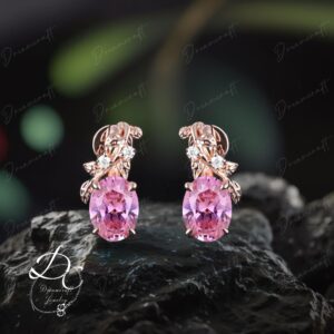 Vintage Oval Cut Pink Sapphire Wedding Stud Earrings Women Solid Rose Gold Nature Inspired Leaf Anniversary Earrings Jewelry Gift For Her