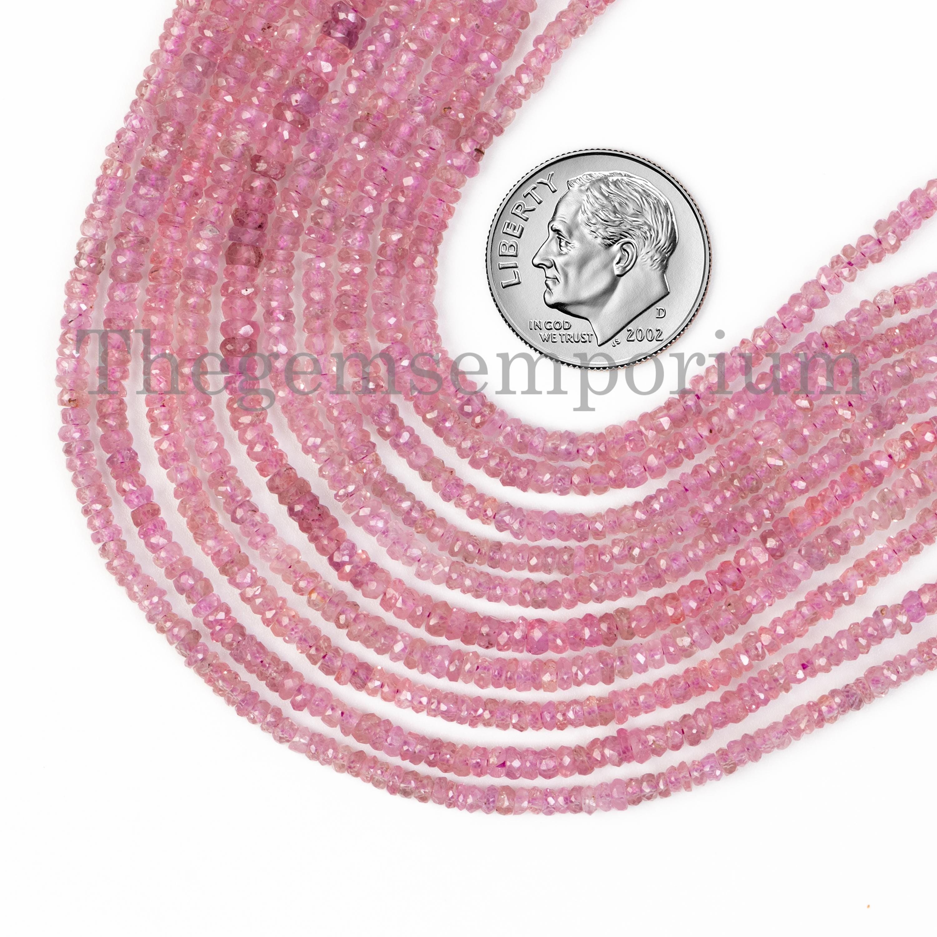 Pink Sapphire Faceted Rondelles, 2.50-4mm Pink Sapphire Beads, Sapphire Faceted Beads, Pink Sapphire Rondelles, Rondelles Beads, Wholesaler