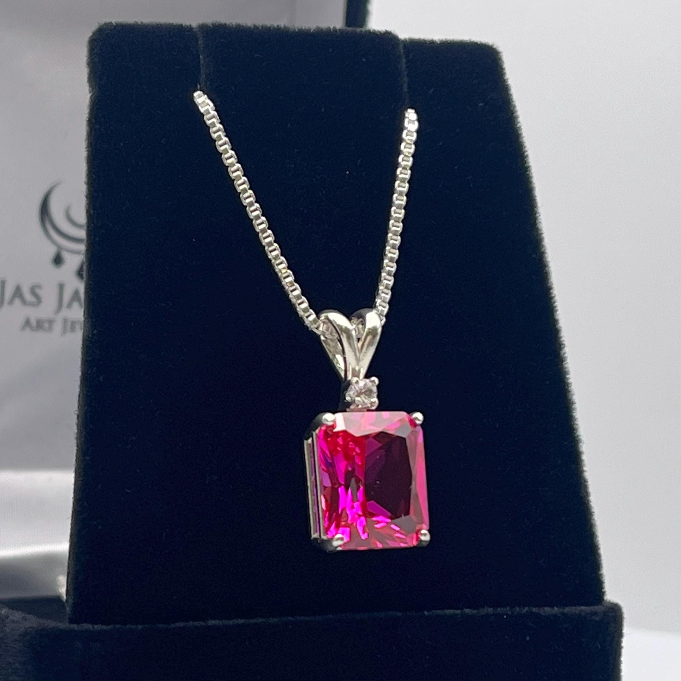 6ct Emerald Cut Bright Pink Sapphire Necklace Sterling Silver Heirloom Valentines Jewelry Gift