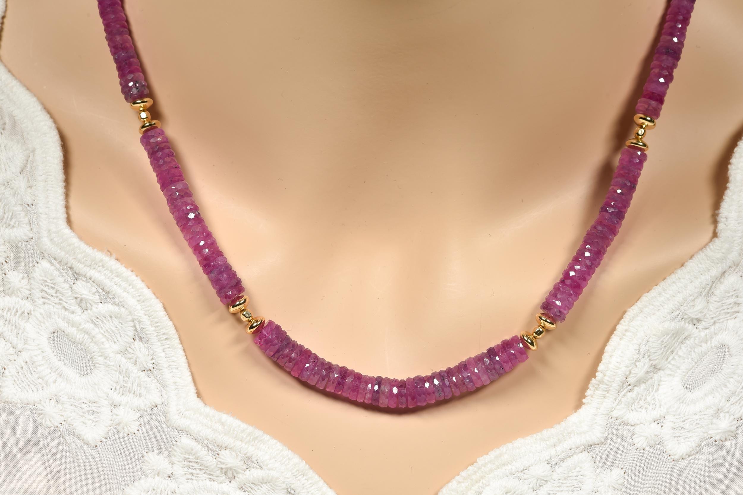 Aaa Pink Sapphire Necklace, Genuine High Quality Pink Sapphire Heishi Cut Necklace With Gold Filled Accent Beads, One Of A Kind Necklace