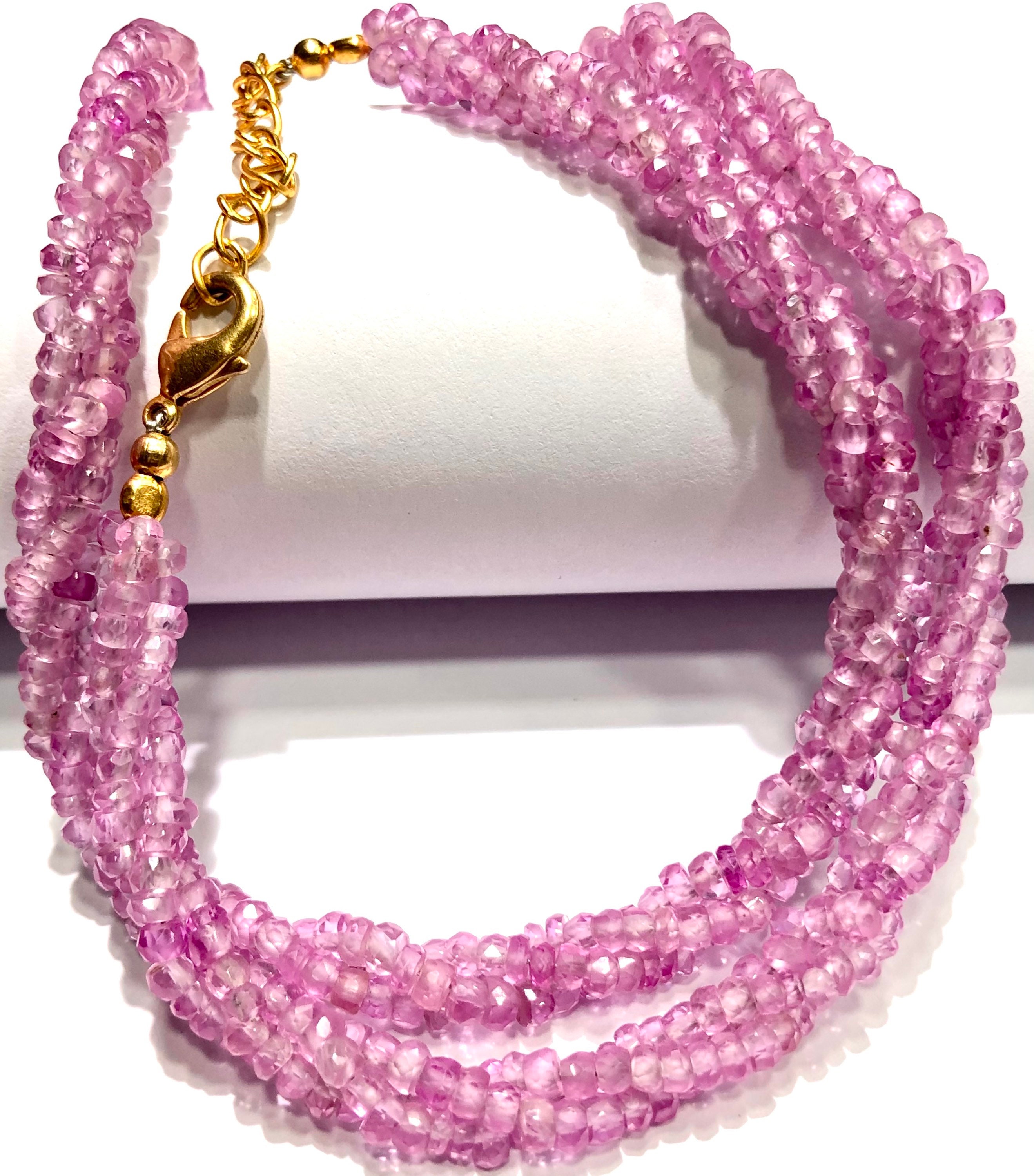 Aaaa+ Baby Pink Sapphire Gemstone Beads Pink Sapphire 3 Strands Twisted Rope Necklace Light Pink Sapphire Necklace Sapphire Faceted Rondelle