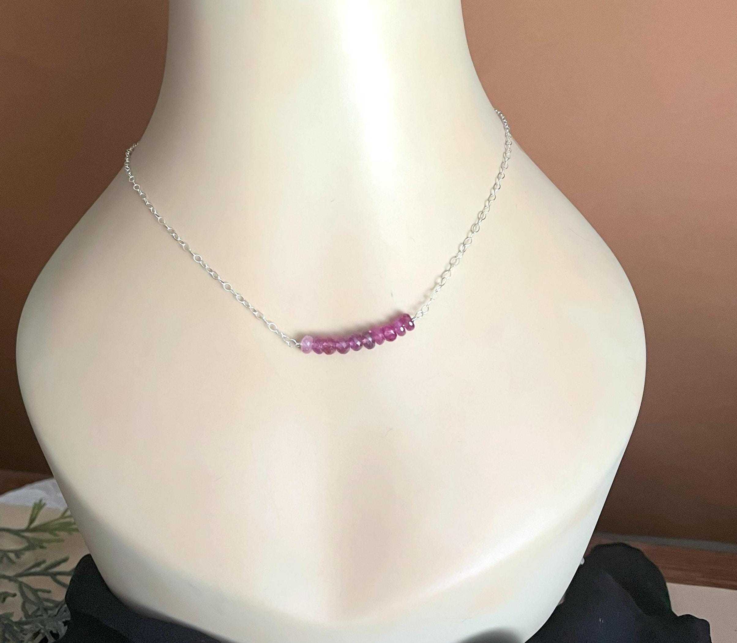 Pink Sapphire Bar Necklace: Sterling Silver Gemstone Bib Necklace
