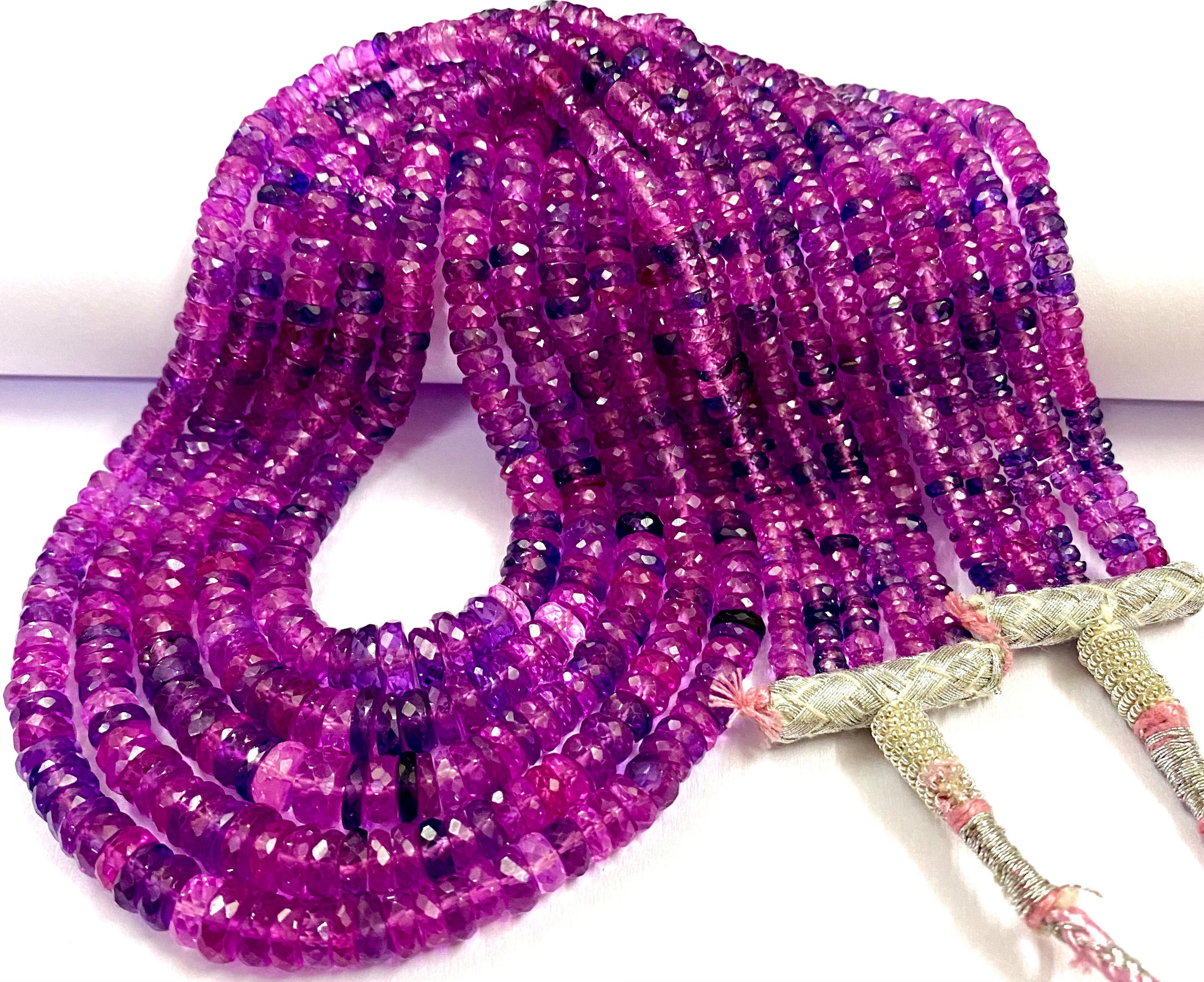 Gorgeous~aaaa++ Pinkish Purple Sapphire 5 Layer Beaded Necklace Unique Pink Sapphire Faceted Tyre Beads Genuine Pink Sapphire Gemstone Beads