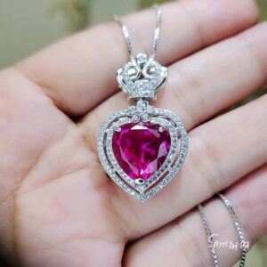 Pink Sapphire Heart Necklace 18kgp @ 925 Sterling Silver - Large 7 Ct Fuchsia Heart - Royal Crown - Double Halo Large Pink Sapphire #841 Pink Sapphire Heart Necklace 18kgp @ 925 Sterling Silver - Large 7 Ct Fuchsia Heart - Royal Crown - Double Halo Large Pink Sapphire #841