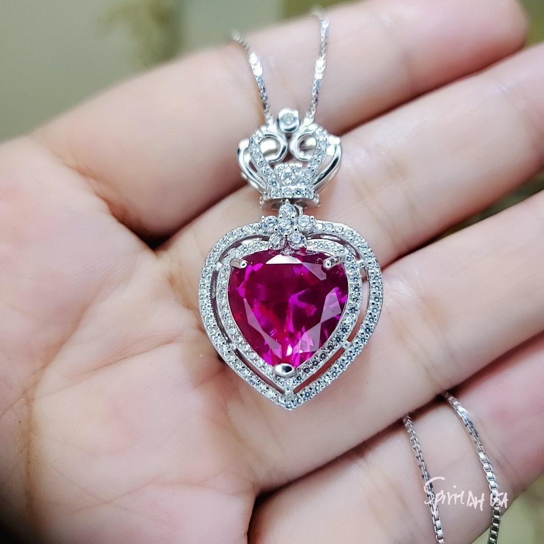 Pink Sapphire Heart Necklace 18kgp @ 925 Sterling Silver - Large 7 Ct Fuchsia Heart - Royal Crown - Double Halo Large Pink Sapphire #841