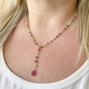 Natural Multicolor Sapphire Necklace, Pink Sapphire Beaded Lariat Y Shape Necklace in Gold Filled, October Birthstone Jewelry Gift for Mom Natural Multicolor Sapphire Necklace, Pink Sapphire Beaded Lariat Y Shape Necklace in Gold Filled, October Birthstone Jewelry Gift for Mom