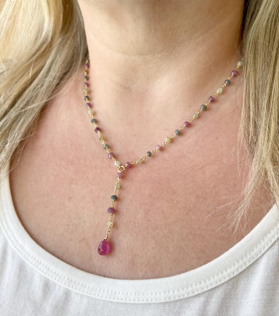 Natural Multicolor Sapphire Necklace, Pink Sapphire Beaded Lariat Y Shape Necklace In Gold Filled, October Birthstone Jewelry Gift For Mom