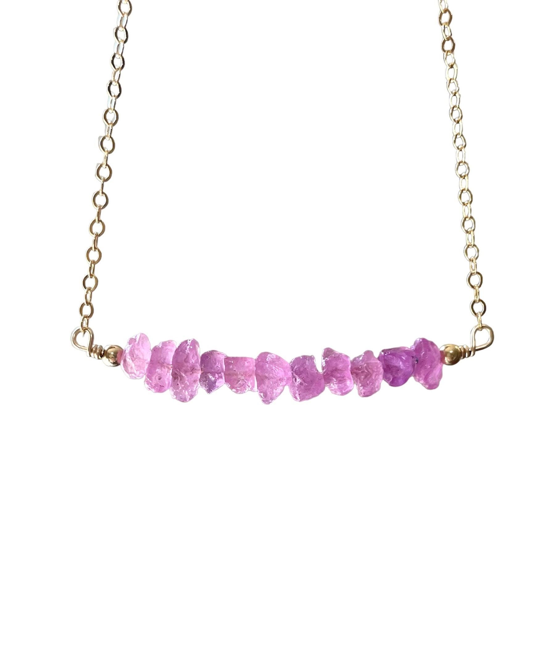 Raw Pink Sapphire Necklace: September Birthstone, Gold Filled Or Sterling Silver