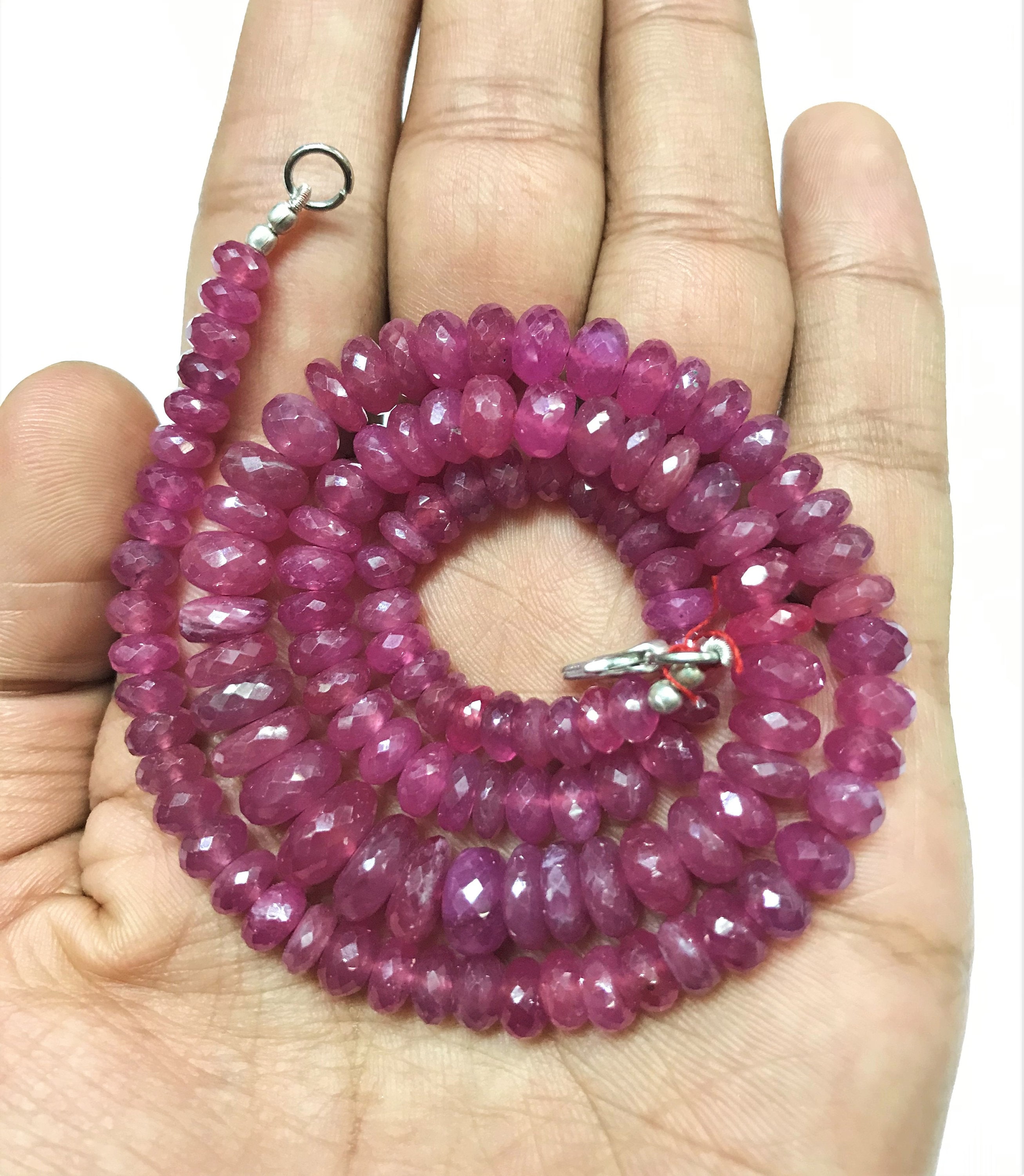 Shinny Natural Pink Sapphire Faceted Gemstone Beads Necklace / Rondelle Shape 6*8mm 18'' Pink Sapphire Gemstone Beads Strand With Closure !!