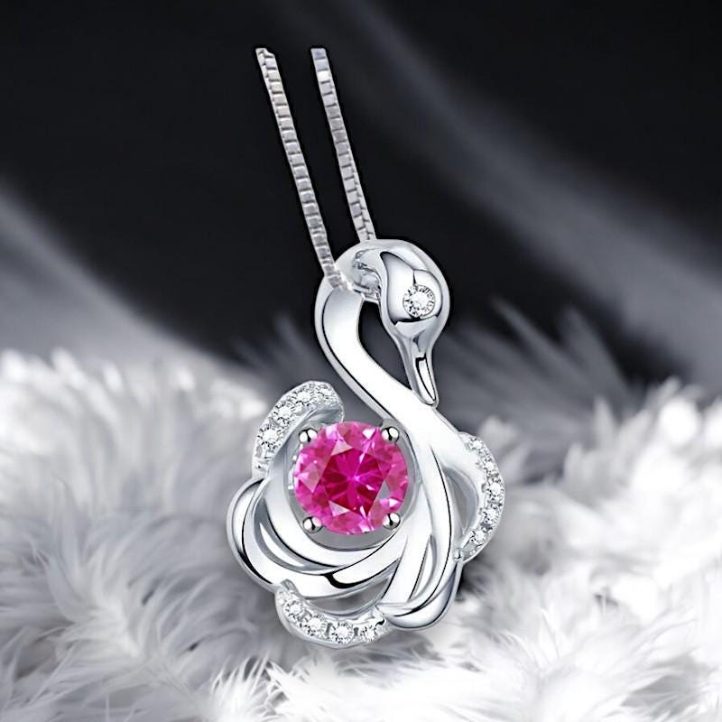 Pink Sapphire Swan Necklace, Animal Bird Pink Sapphire Jewelry - 18k White Gold @ Sterling Silver Chain #1011