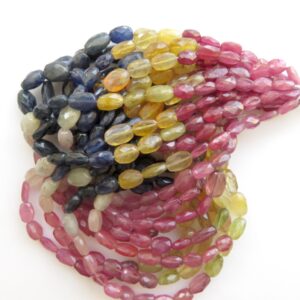 Multi Sapphire Faceted Oval Beads, Blue Yellow Pink Sapphire Oval Beads, 6mm To 9mm Sapphire Beads, Sold As 16"/8", GDS1369
