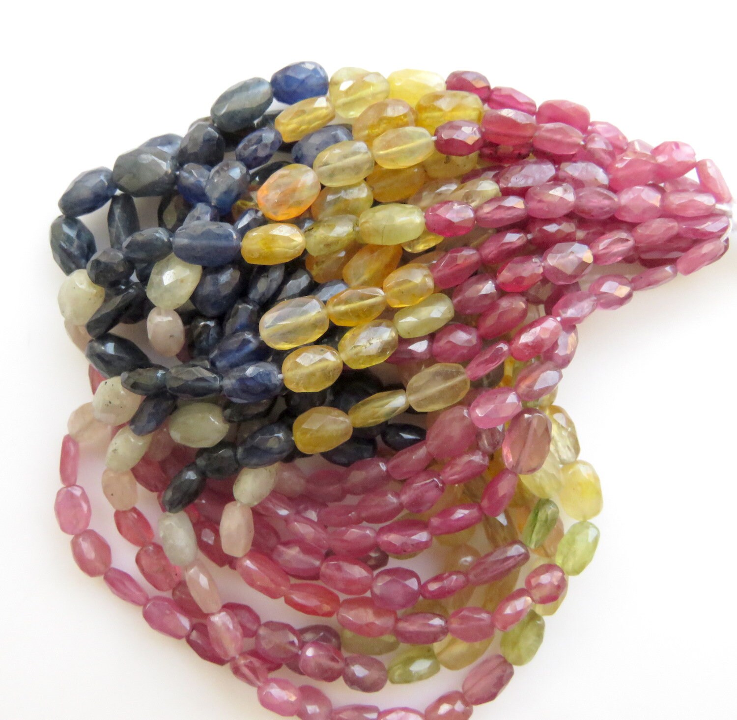 Multi Sapphire Faceted Oval Beads, Blue Yellow Pink Sapphire Oval Beads, 6mm To 9mm Sapphire Beads, Sold As 16"/8", Gds1369