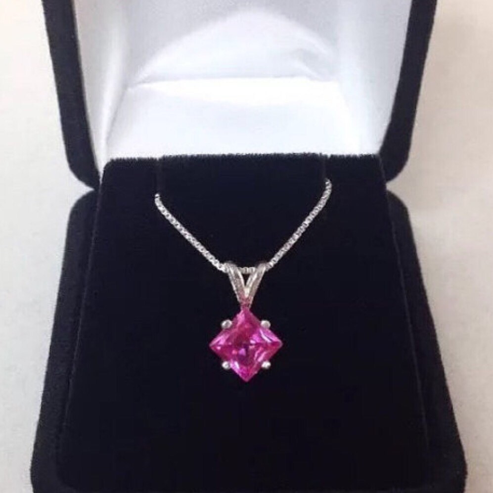 1.2ct Princess Cut Pink Sapphire Solitaire Pendant Necklace: 14k Gold 1.2ct Princess Cut Pink Sapphire Solitaire Pendant Necklace: 14k Gold