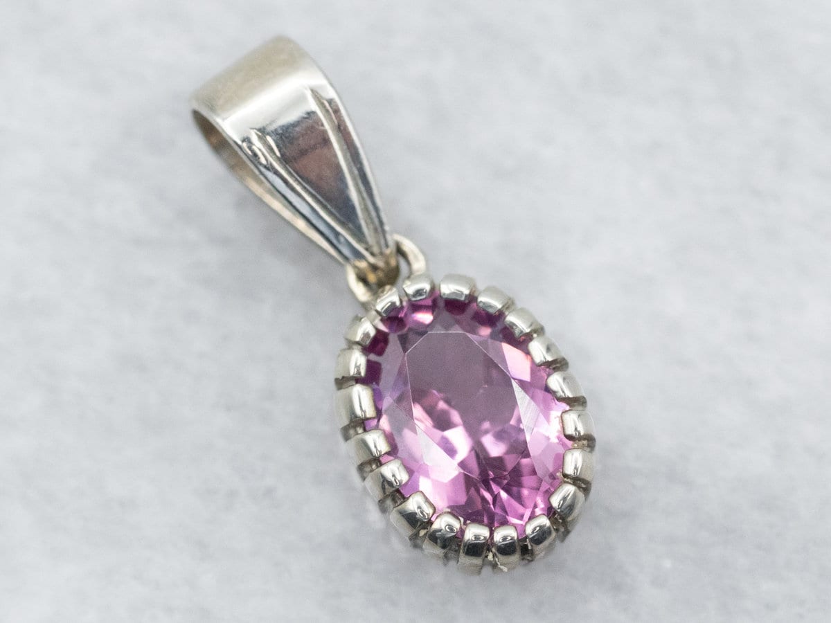14k White Gold Pink Sapphire Solitaire Pendant, September Birthstone
