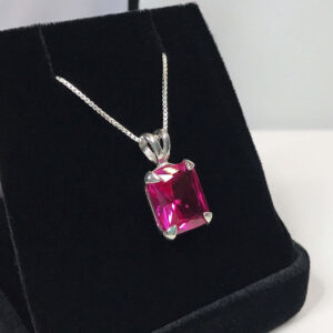 7ct Emerald Cut Pink Sapphire Necklace Sterling Silver Pendant 18" Trending Jewelry Gift September