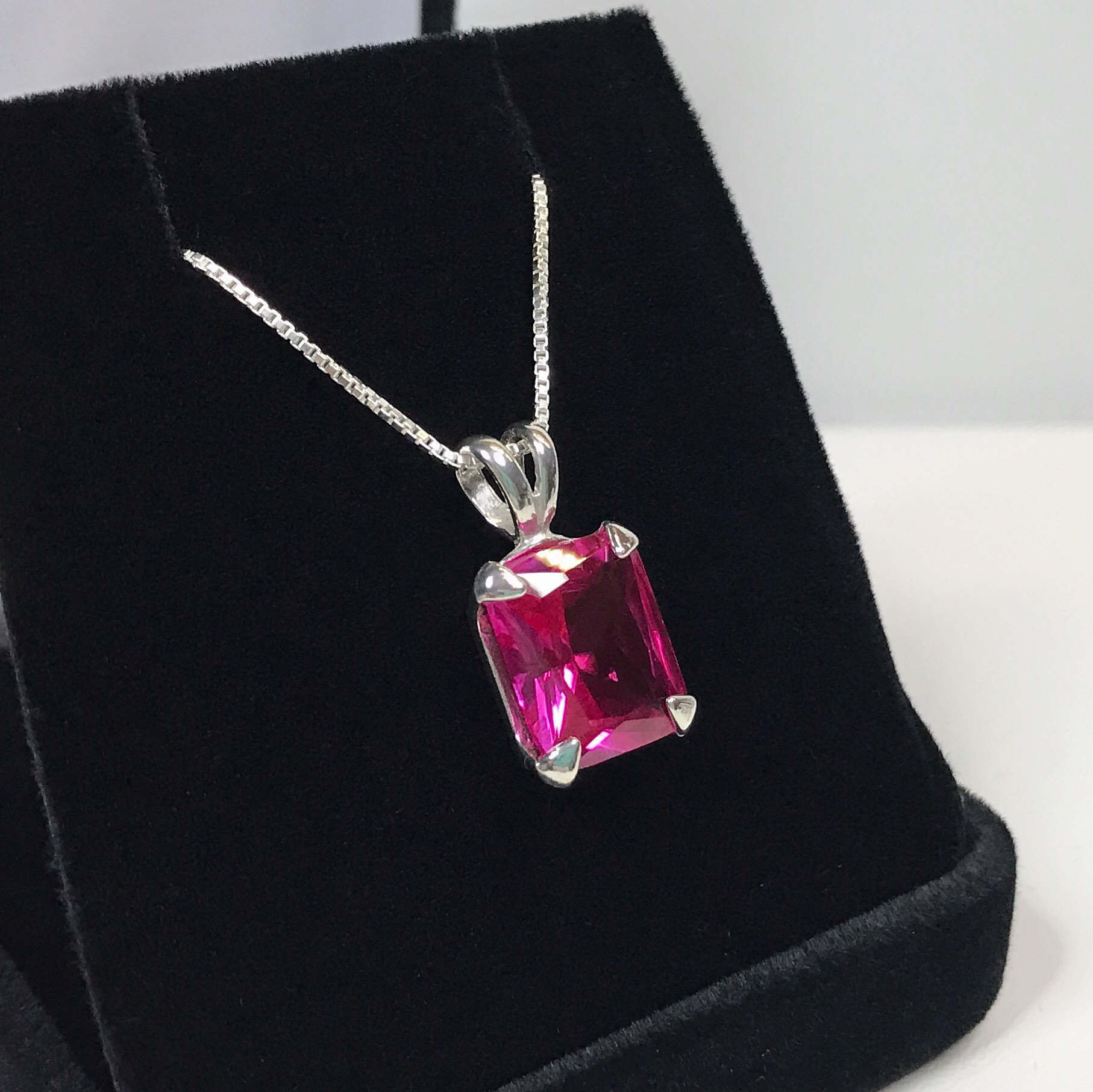 7ct Emerald Cut Pink Sapphire Necklace Sterling Silver Pendant 18" Trending Jewelry Gift September