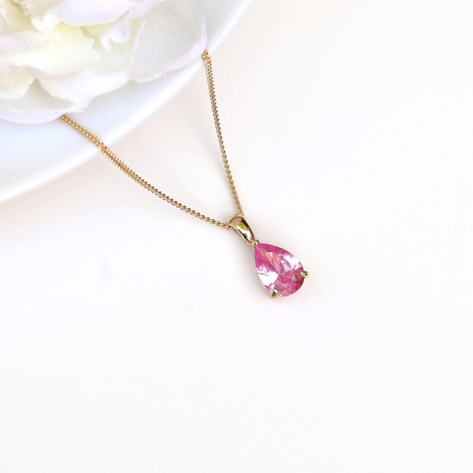 9ct Gold Pink Sapphire Teardrop Pendant Necklace