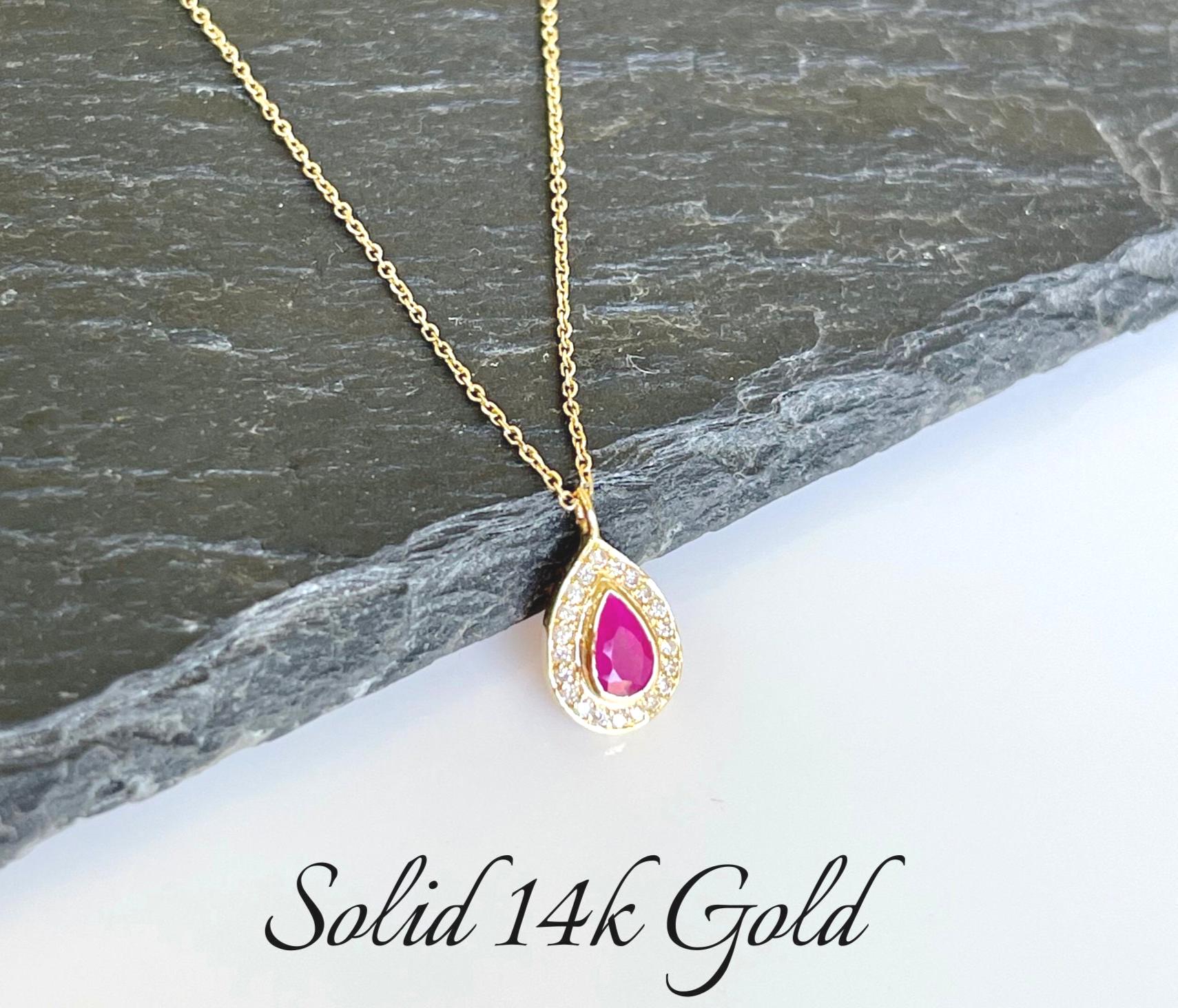 Pink Sapphire And Diamond Necklace, Fuchsia Sapphire Teardrop Pendant, Solid 14k Gold, September Birthstone, Gold Minimalist Jewelry Gift