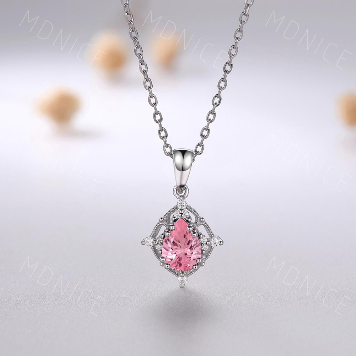 Art Deco Pear Pink Sapphire Silver Necklace: Vintage Teardrop Pendant