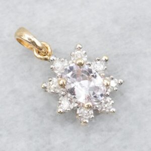 Pink Sapphire Diamond Halo Pendant, 14K Gold Pink Sapphire Diamond Halo Pendant, 14K Gold