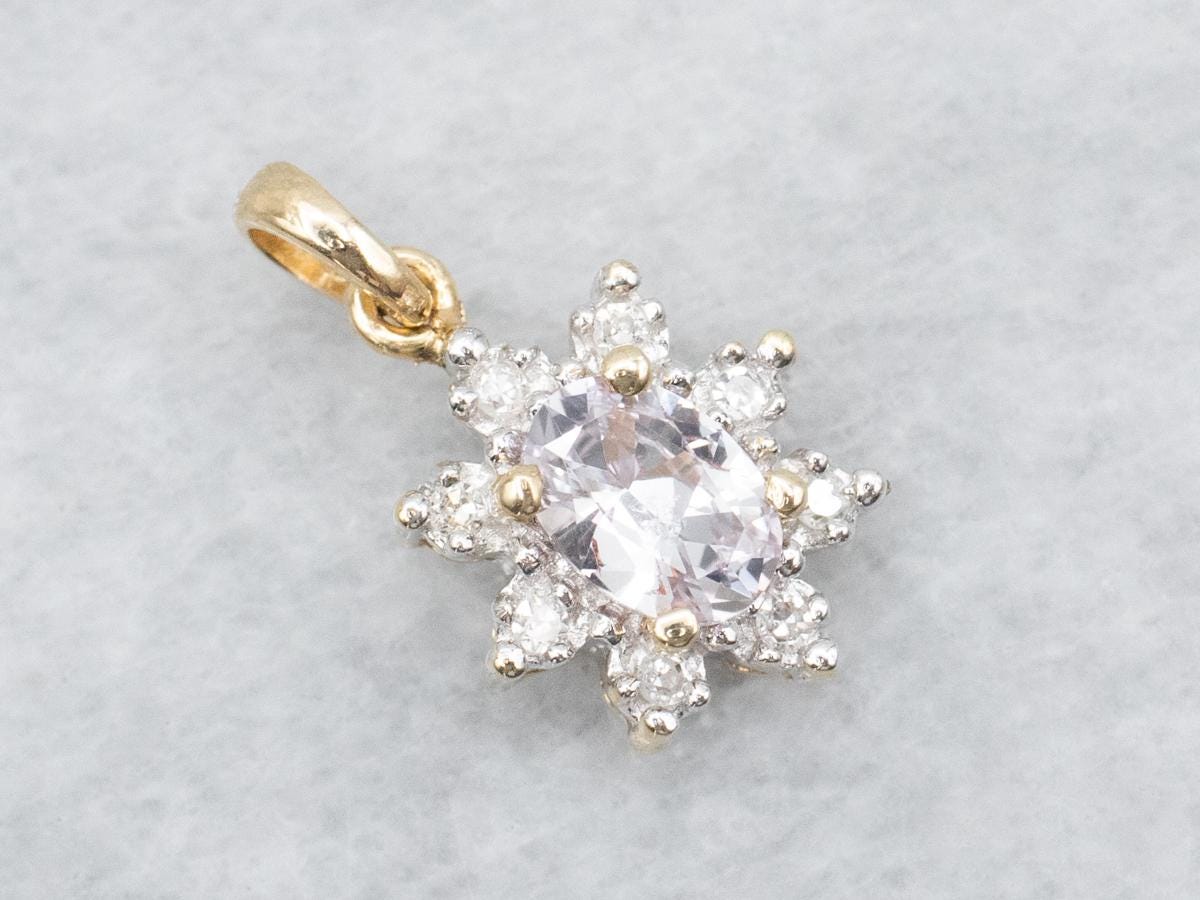 Pink Sapphire Diamond Halo Pendant, 14k Gold