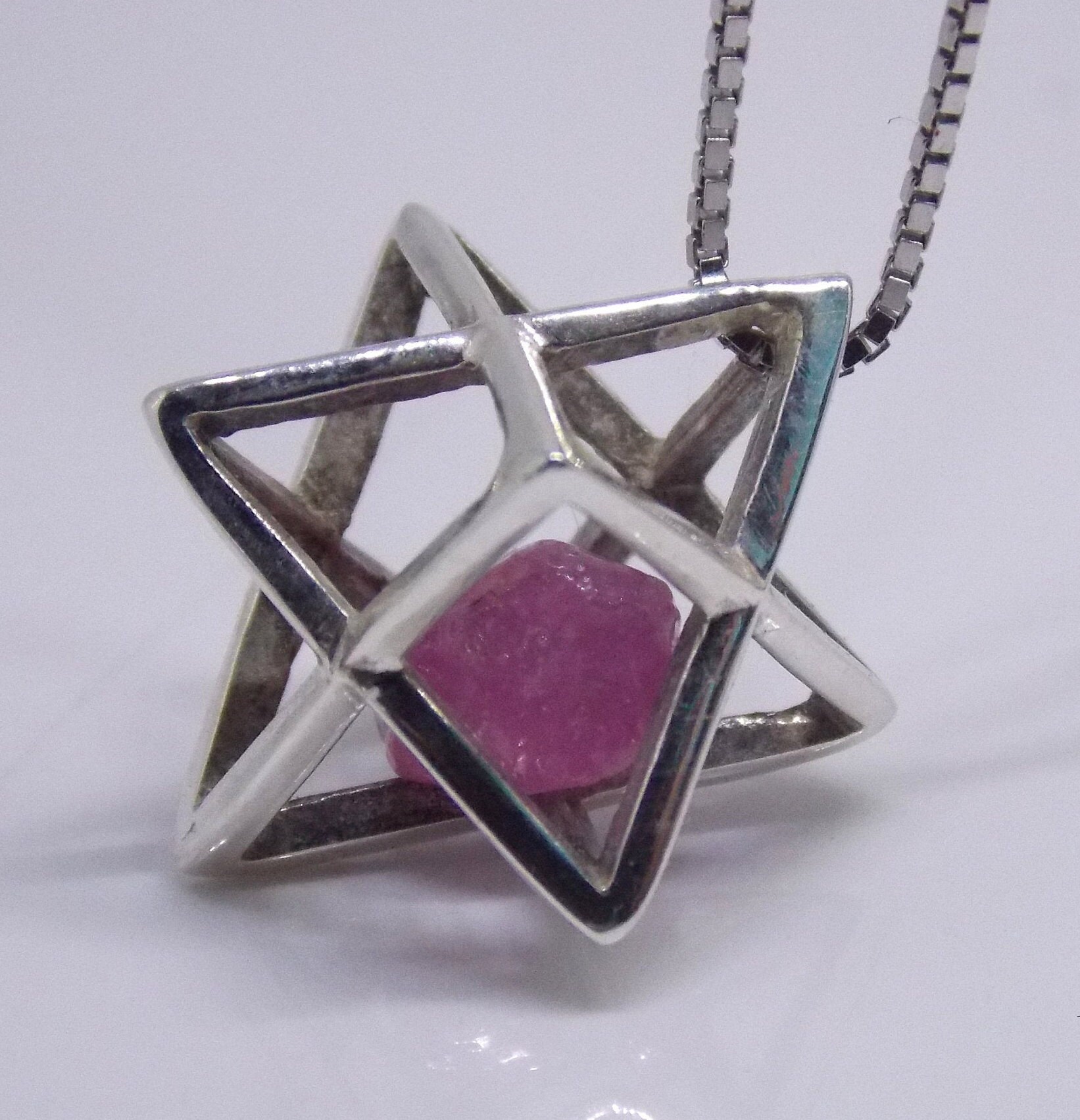 Pink Sapphire Merkaba Pendant, Sterling Silver, Sacred Geometry Necklace