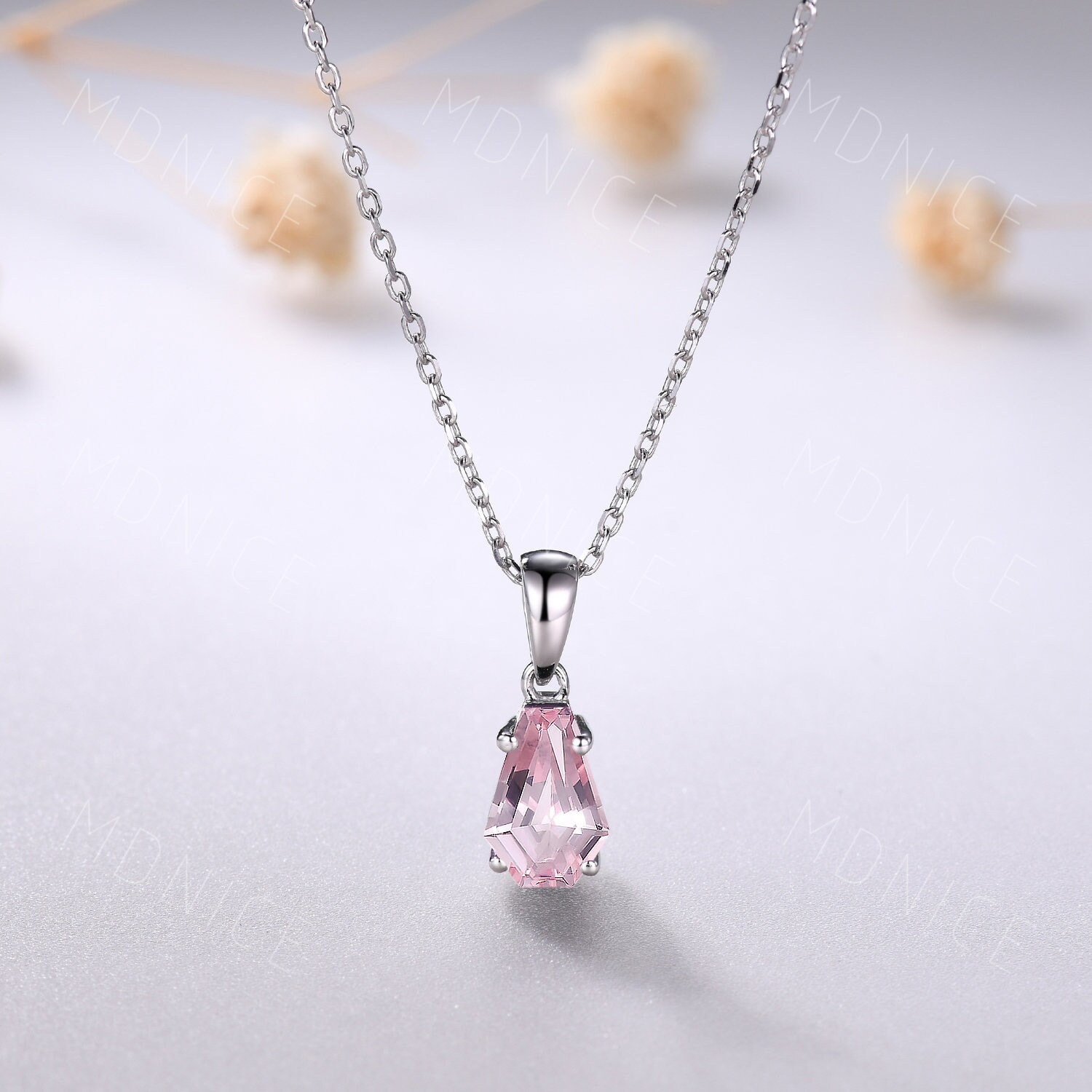 Minimalist Pink Sapphire Coffin Pendant Necklace: September Birthstone