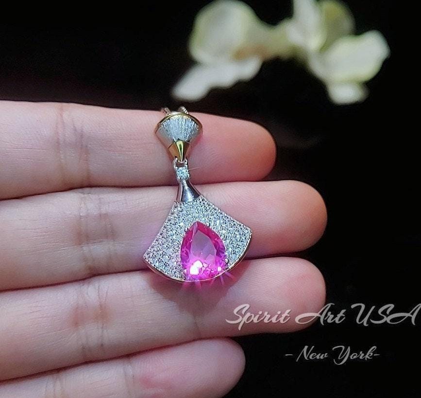 Pink Sapphire Necklace - 18kgp @ Sterling Silver Paved Gemstone Art Deco 3ct Pink Sapphire Pendant #884