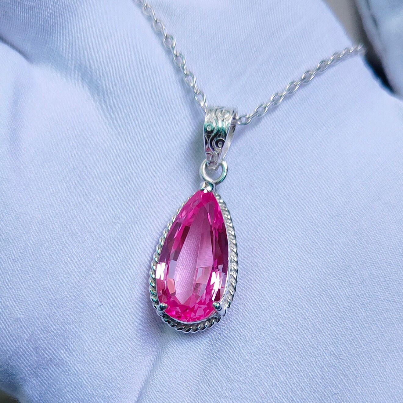 Pink Sapphire Pendant, Pink Sapphire Necklace, 925 Sterling Silver Necklace, Pear Cut Pink Sapphire Pendant, Lab Grown Pink Sapphire