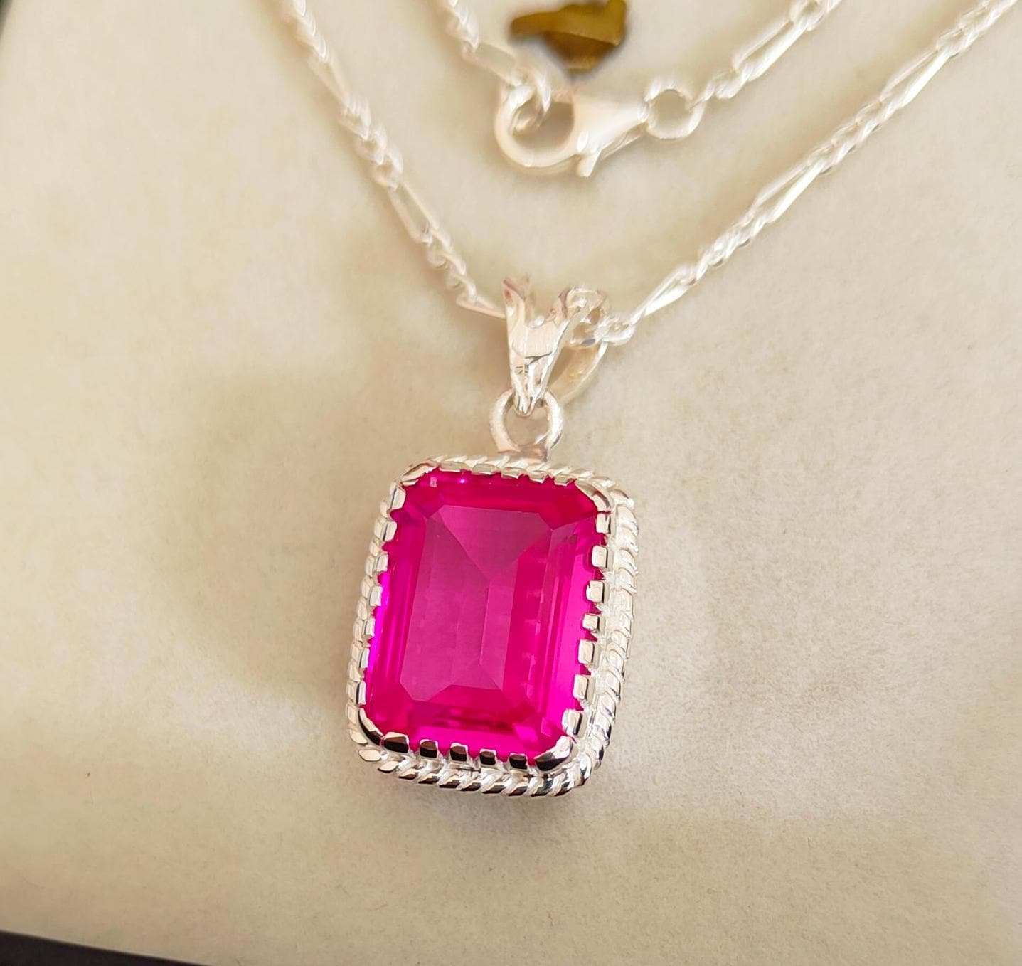 Pink Sapphire Necklace, Pink Sapphire Pendant 925 Sterling Silver Necklace Octagon Emerald Cut Pink Sapphire Pendant Lab Grown Pink Sapphire