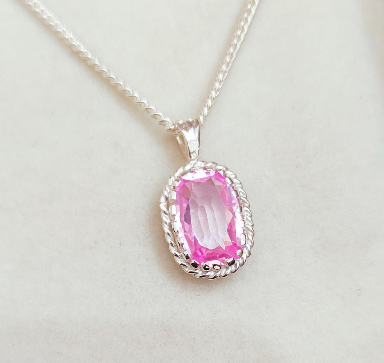 Pink Sapphire Necklace, Pink Sapphire Pendant, 925 Sterling Silver Necklace, Cushion Cut Pink Sapphire Necklace, Lab Grown Sapphire Pendant