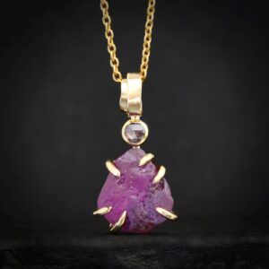 Pink Sapphire Necklace. RTS 14k Solid Yellow Gold Raw Purplish Pink Sapphire and Purplish Pink Diamond Pendant Charm Necklace Pink Sapphire Necklace. RTS 14k Solid Yellow Gold Raw Purplish Pink Sapphire and Purplish Pink Diamond Pendant Charm Necklace