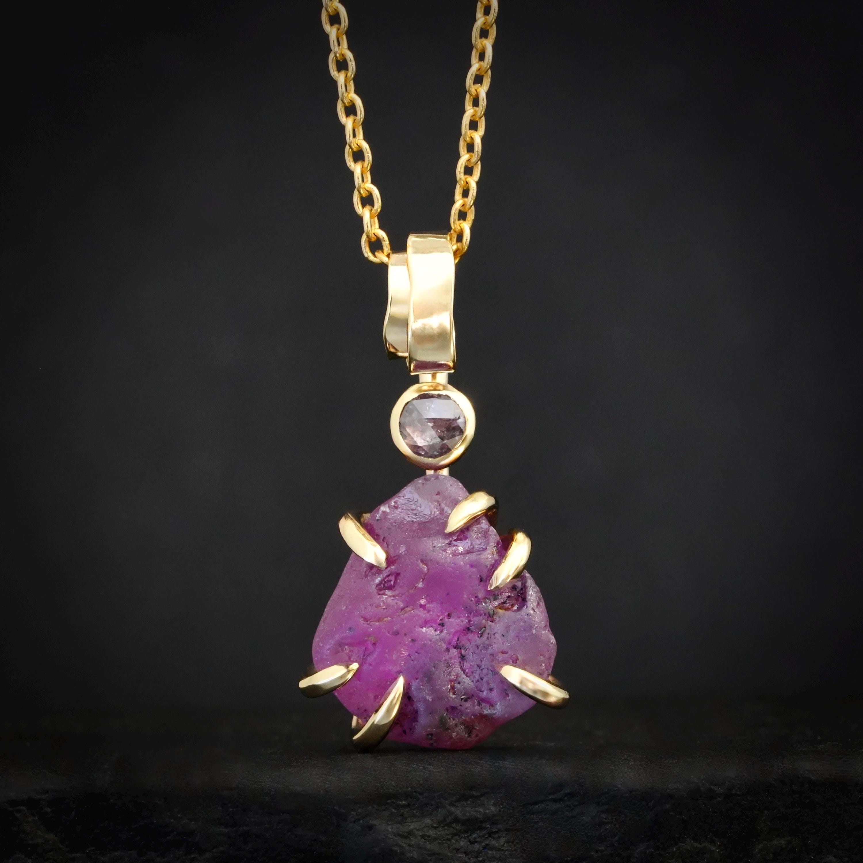 Pink Sapphire Necklace. Rts 14k Solid Yellow Gold Raw Purplish Pink Sapphire And Purplish Pink Diamond Pendant Charm Necklace