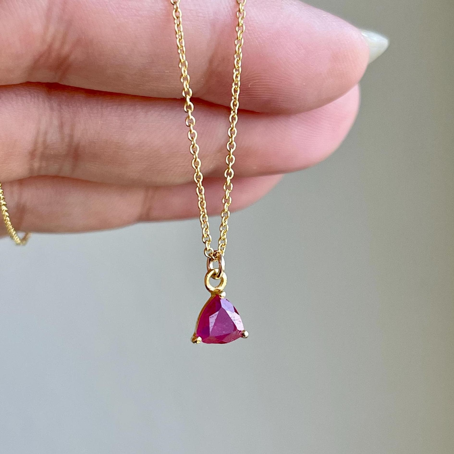 Pink Sapphire Necklace, Tiny Hot Pink Trillion Pendant In Gold, September Birthstone, Small Fuchsia Layering Dainty Minimalist Jewelry Gift