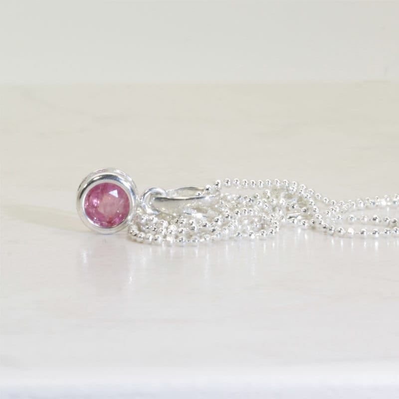 Small Pink Sapphire Pendant In Sterling Silver (natural Sapphire, 5mm X 0.47 Carat, Round Cut), Sterling Pink Sapphire Necklace With Chain