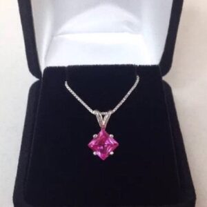 Pink Sapphire Sterling Silver Pendant Necklace, 1.2ct Princess Cut Pink Sapphire Sterling Silver Pendant Necklace, 1.2ct Princess Cut